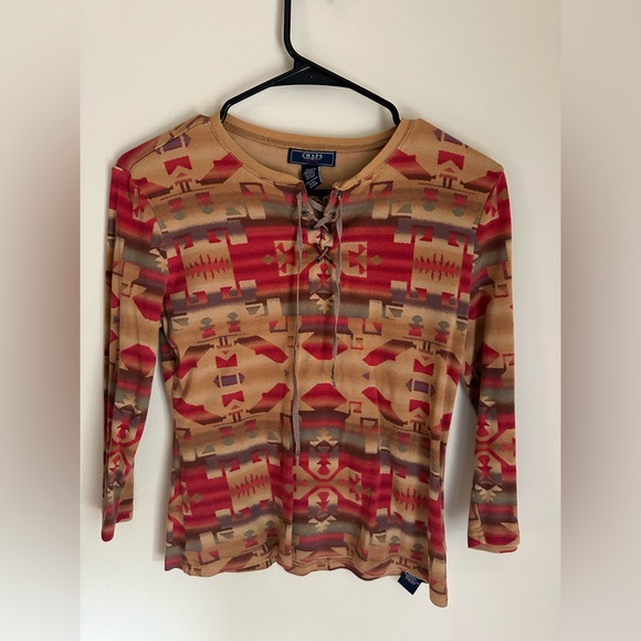 Vintage 90s Aztec 3/4 Sleeve T-Shirt Womens Size M by Chaps Denim - Picture 1 of 10